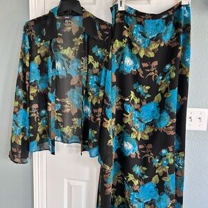 Mexx Floral Blouse and Skirt Set - Blue and Green